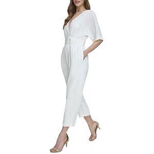 White V-Neck Jumpsuit NEW, Ruffled Fitted Waist, Women’s Sz L